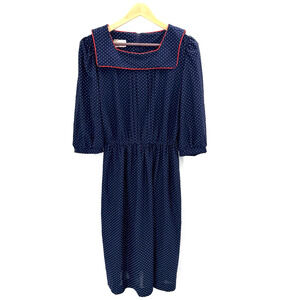 Vintage 1970's Lady Carol Navy Blue Polka Dot Retro Pinup Sailor Midi Dress 14